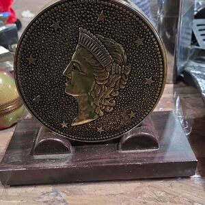 Antique-Style Gold Coin Decor on Wooden Base